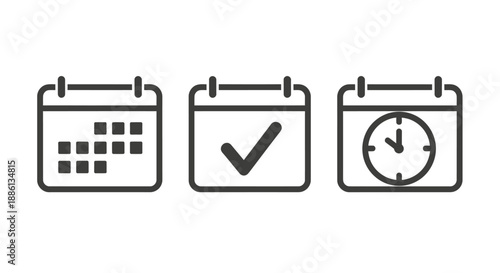 Set of three black calendar and clock icons representing dates and time management.