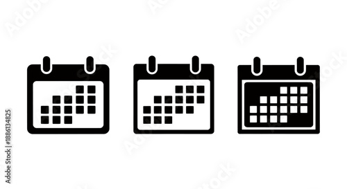 Set of three black calendar icons showing different date layouts.
