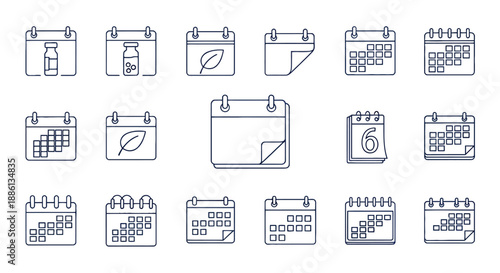 Set of simple calendar icons with various date and schedule representations.