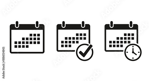 Set of three black calendar icons representing scheduling and time management concepts.