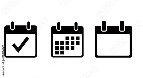 Set of three black calendar icons with different date markings on white background.