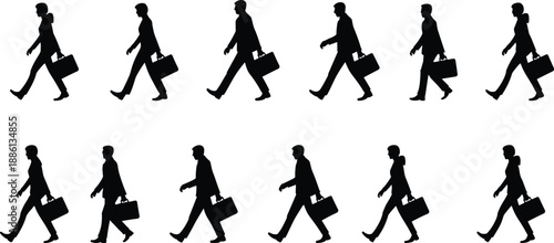 Business people walking silhouettes with briefcases isolated on white background representing corporate commute, professional lifestyle, and office work concept