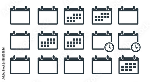 Set of black calendar icons with various date and clock indicators.