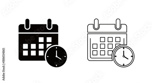 Black and white calendar icons with clock symbols representing scheduling and time management.