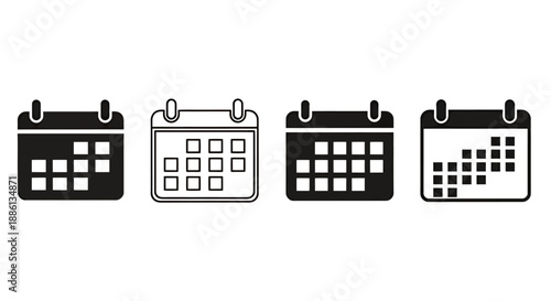 Set of four black and white calendar icons with different date markings.
