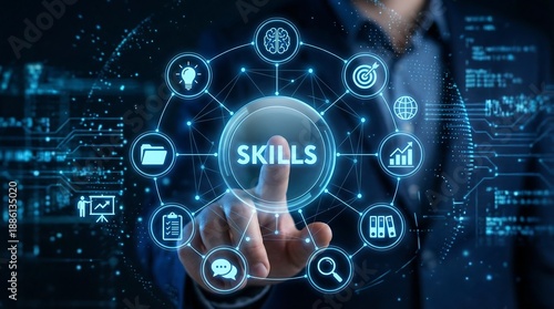 Business professional touching digital skills interface with futuristic hologram icons for career growth and technology innovation