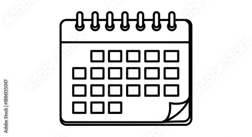 Simple black and white line art calendar icon with spiral binding and page curl.