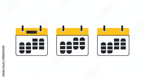 Set of three yellow and black calendar icons showing different weekly layouts.