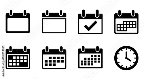 Set of black calendar and clock icons representing dates and time management.