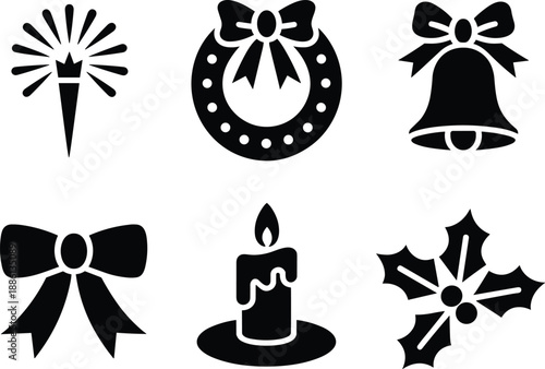 Christmas holiday icons set, festive wreath bell candle bow mistletoe silhouette vector illustration, flat black design for winter celebration decoration