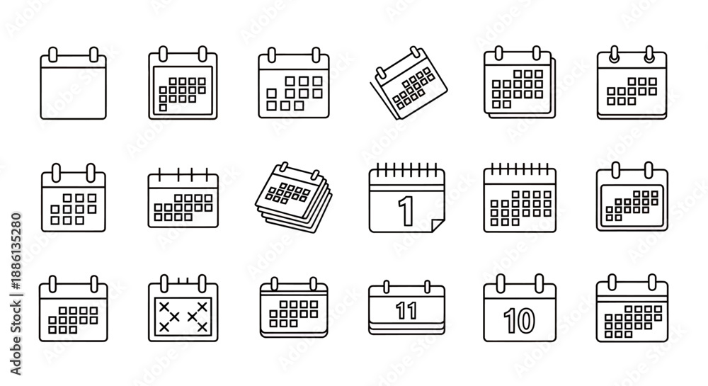 Fototapeta premium Set of various black and white calendar icons with different layouts and styles.