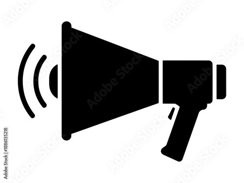 Megaphone Bullhorn Icon with Sound Waves, Black 2D Silhouette for Announcement Marketing and Communication isolated on transparent background