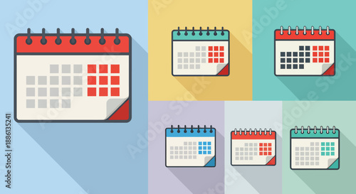 Set of colorful flat design calendar icons with long shadows.
