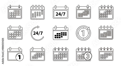 Set of various calendar and date icons representing scheduling and time management.