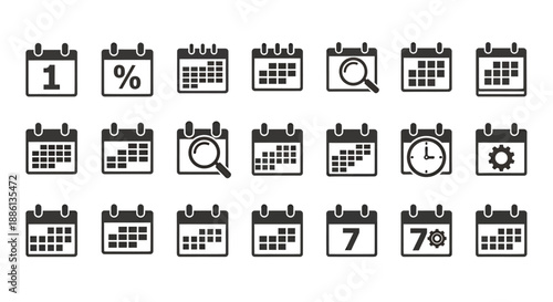 Set of various black calendar and date icons with different symbols and numbers.