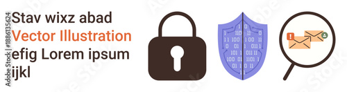 Cybersecurity, data protection, online privacy, secure communication, encryption, threat detection. Lock, shield with binary magnifying glass and emails. Cybersecurity and data protection concept