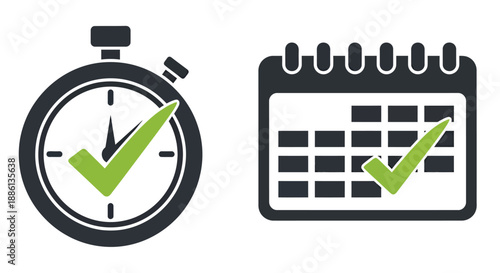 Conceptual illustration of time management with stopwatch and calendar icons.