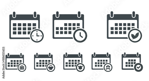 Set of calendar icons with clock and check mark symbols representing scheduling and time management.