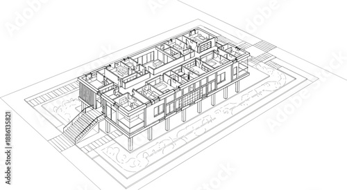 Isometric architectural floor plan vector illustration of modern residential building interior layout with rooms furniture garden and structural planning details