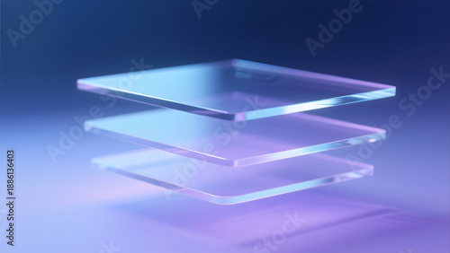 stacked clear glass plates with glowing edges and bokeh