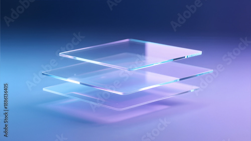 three stacked transparent glass layers floating in dark space