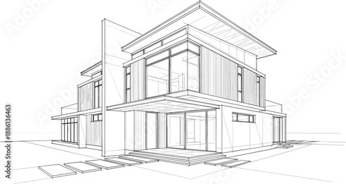 Minimalist architectural line art of a two story modern house with floor to ceiling glass windows and patio design