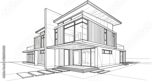 Obraz Minimalist architectural line art of a two story modern house with floor to ceiling glass windows and patio design