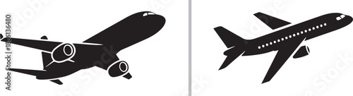 A set of two minimalist black airplane silhouettes in flight. One shows a dynamic front-quarter view emphasizing the engines, while the other is a clean side-profile soaring upward.