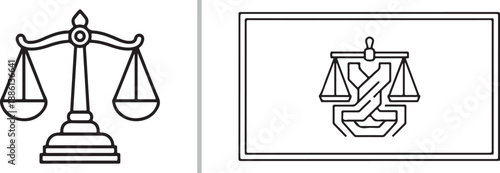 A set of two minimalist line-art icons representing justice and law. It features traditional scales of justice and a modern, geometric variation of the scales enclosed within a rectangular border.
