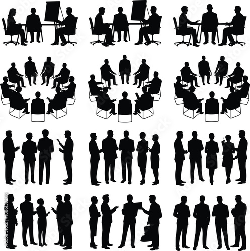 Business meeting silhouettes showing teamwork collaboration corporate discussion brainstorming negotiation interview conference communication leadership strategy isolated on white background 