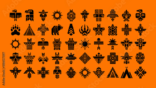 Native American Indigenous Tribal Symbols and Totem Icons Vector Set