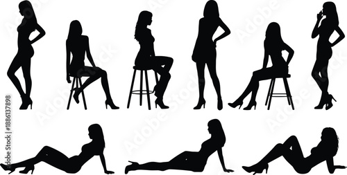 Collection of elegant female silhouettes in fashionable poses, showcasing glamour, beauty, and modern style for creative design, advertising, branding, and artistic visual projects