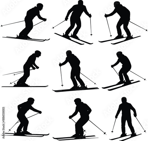 Collection of skiing silhouettes showing downhill skiers in motion, winter sports action poses on snowy slopes for outdoor adventure and recreation concepts