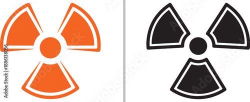 A set of two trefoil radiation symbols. The left icon is vibrant orange with a white border, and the right is a classic solid black, both featuring a modern, clean-cut aesthetic.