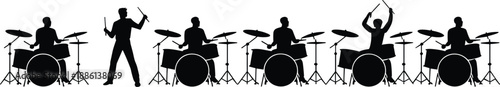 Drummer silhouettes performing with drum kit set vector illustration isolated on white background music band rhythm percussion concept concert stage performance graphic design