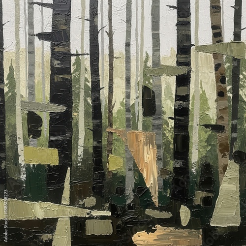 Abstracted Forest Landscape with Geometric Shapes and Trees.
