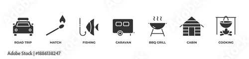 Caravan Road Trip  Icons set vector illustration with Road trip, Match, Fishing, Caravan,Bbq grill, Cabin, Cooking