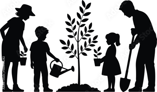 Family tree planting silhouette illustration showing parents and children gardening together, environmental education, sustainability concept, nature care, eco friendly lifestyle, outdoor activity, 