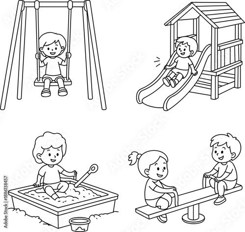 Happy children playing at playground with swing slide seesaw sandbox cute cartoon line art illustration set for kids activity park concept childhood outdoor fun collection