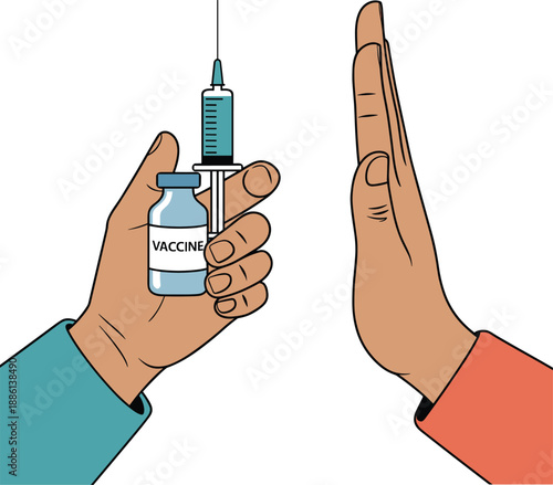 Illustration of hands showing vaccine syringe and stop gesture symbolizing vaccination awareness, medical protection, health safety, immunization refusal or choice concept isolated on white background