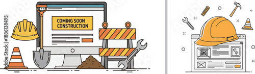 Vector illustrations for website construction. Left: a monitor with a "Coming Soon Construction" sign, tools, and barriers. Right: a hard hat over a wireframe with floating tools.