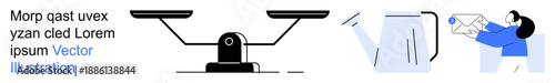 Balance, resource management, modern workflow, digital communication, productivity, information exchange. Images show scales, watering can and email sender. Balance and resource management concept