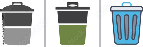 A vector set featuring three trash can icons in different styles: a two-tone gray silhouette, a black and green flat design, and a detailed blue bin with vertical ridges and a lid.