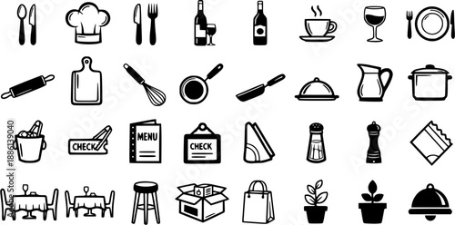 Restaurant and Food Service Glyph Icons Set - Kitchen, Cooking, Dining, and Cafe Symbols in Black and White Style
