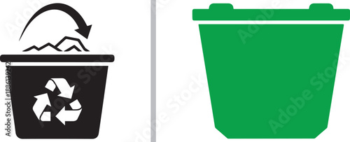 Vector icons of waste bins. The left features a black recycling bin with a cycle symbol and arrow; the right shows a solid green trash can silhouette. Minimalist environmental design.