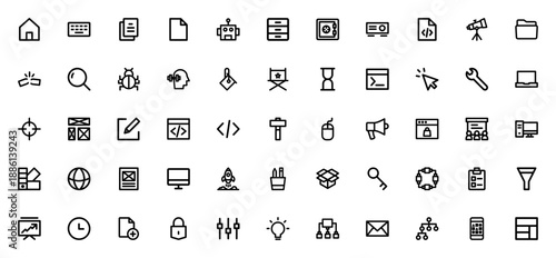 Development icon set. Vector illustration pack featuring coding, robot, website, app, programming, design, tools, business and technology symbols. Editable stroke.