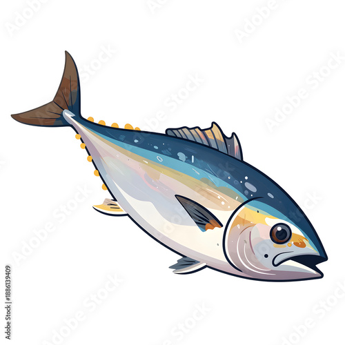 Detailed Illustration of a Vibrant Bluefin Tuna Swimming in an Oceanic Environment