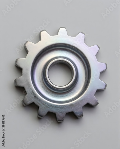 Shiny Metallic Gear Cogwheel on Light Gray Background with Reflective Surface and Simple Design