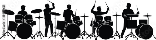 Silhouette drummers playing drum kits in dynamic rhythm, black musician band figures isolated on white background, percussion performance concept illustration