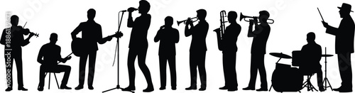 Silhouette jazz band performing live on stage with musicians playing trumpet saxophone guitar drums and violin in classic concert ensemble illustration